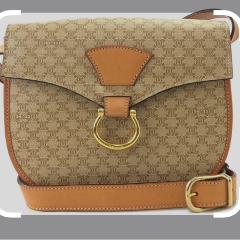 AUTHENTIC CELINE Macadam Gancini Crossbody Shoulder bag Beige...